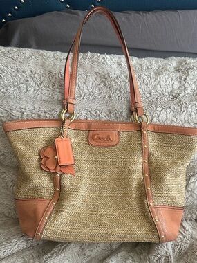 Coach Alexandria Straw Tote with Pink-Tan Leather Trim